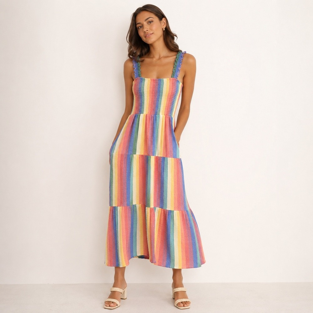 Marine Layer Selene Dress Gauzy Rainbow Striped Smocked Maxi Dress Cotton Large